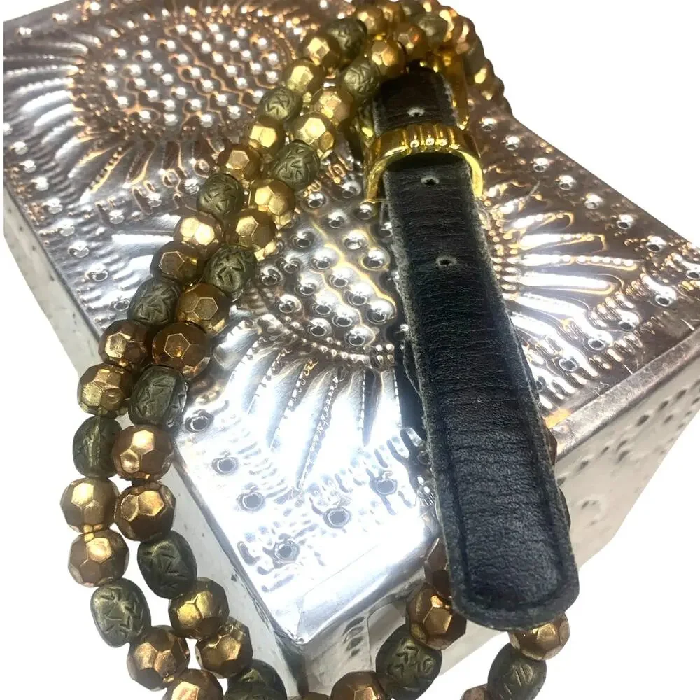 Expres! Womens Beaded Belt Medium Bronze r Brass Buckle Dressy Casual